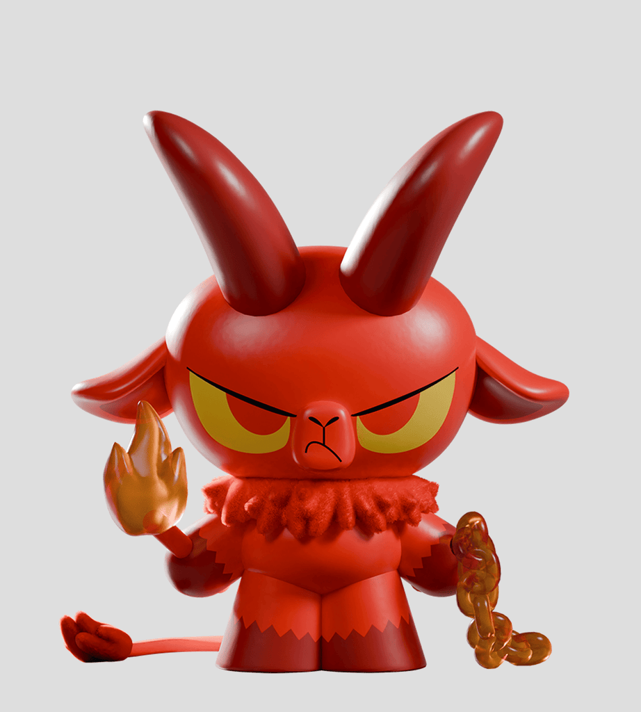 The Kaleidos Creative Kid Krampus Blind Box features a red cartoon demon with big horns, holding a flame and chain against a grey background—the perfect holiday collectible or surprise for any blind box figure fan.