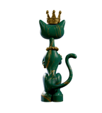 King Kat — Marble Majesty by Kaleidos Creative is a green, gold-streaked cat figurine sitting upright with its back to the viewer, crowned and jeweled, embodying vintage Vegas glam against a white backdrop.