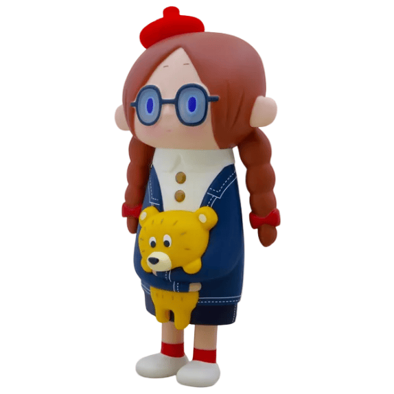 A How2Work (HK) Luna - Denim toy figure of a girl with glasses, red braids, red beret, blue dress, and white shoes holding a collectible Luna plush.