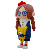 A How2Work (HK) Luna - Denim toy figure of a girl with glasses, red braids, red beret, blue dress, and white shoes holding a collectible Luna plush.
