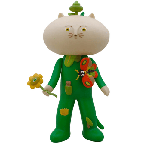 Meow Book - OG by The Little Hut (HK) is a cartoonish cat figurine with a quirky face, large head, green outfit, all-seeing flower in hand, and a red butterfly on its chest.