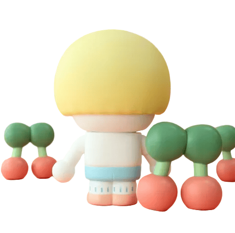 Morita Chen Good Friend by Partner Toys features a vinyl figure with a large yellow head, facing away, standing among four cherry buddies with green stems and red bottoms.