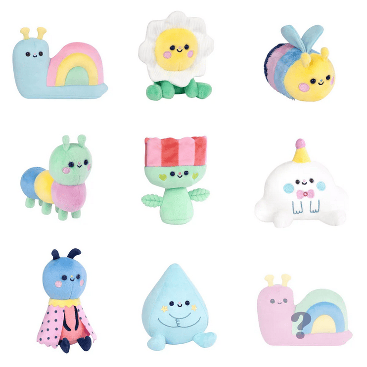 The Momiji Magical Meadow Plush Blind Box by Momiji features nine adorable plush toys—snail, flower, bee, caterpillar, plant, cloud, bug, water droplet, and snail—arranged in a 3x3 grid on a white background.