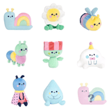The Momiji Magical Meadow Plush Blind Box by Momiji features nine adorable plush toys—snail, flower, bee, caterpillar, plant, cloud, bug, water droplet, and snail—arranged in a 3x3 grid on a white background.