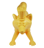 Mugi Teaworthy - Custard Cream by Lowbrowee Toys is a yellow plastic figurine of a crouching fox in a top hat, styled like a Victorian gentleman with riveted details inspired by mech designs.