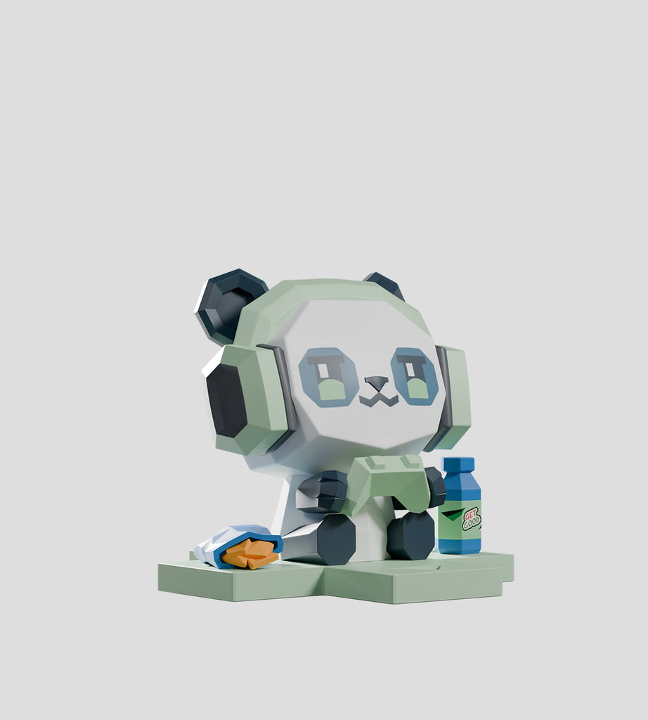 The Kaleidos Creative Mega-Mini Arcade Blind Box features a rare, stylized 3D panda figure with headphones, a snack, and bottle on a platform—an essential collectible for gamer fans.