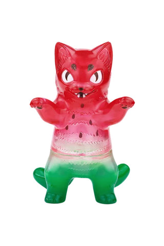 Negora- Watermelon by Rotofugi is a collectible cat figure featuring a red upper body, green lower body, and black markings, designed to resemble a watermelon.