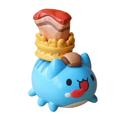 The National Palace Museum Adventure-Bugcat Capoo Figurine by Rotofugi features a blue, cartoon-style cat with a cheeseburger hat and bacon-and-egg crown—ideal for blind box enthusiasts and quirky collectible fans.