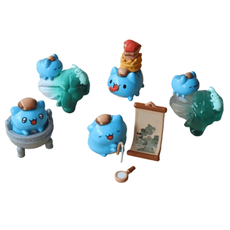 Five small blue Rotofugi Bugcat Capoo figurines are posed with a cauldron, books, scroll, magnifying glass, and green accents—perfect as National Palace Museum Adventure-Bugcat Capoo Figurine blind boxes.
