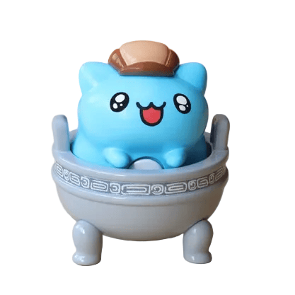 The National Palace Museum Adventure-Bugcat Capoo Figurine by Rotofugi features a blue cartoon cat with big eyes and a brown hat, sitting in a decorative gray three-legged bowl—ideal for collectible blind box fans.