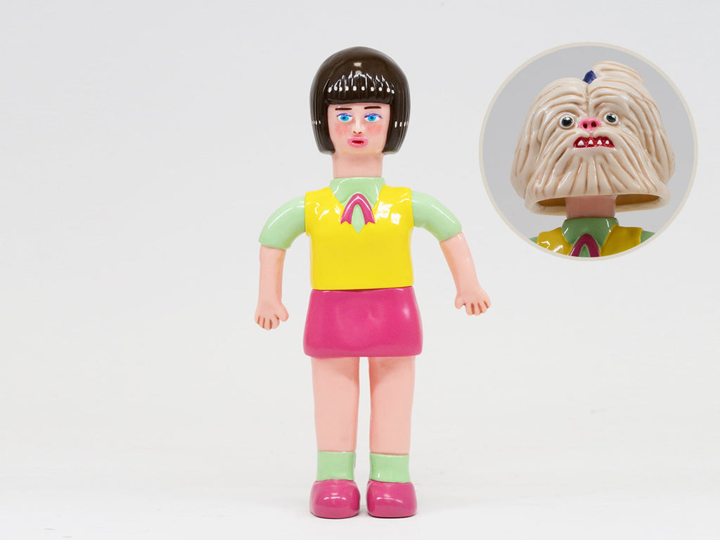 About Animals Shizuka/Maltese — Series 3 by Paradise Toy: a plastic doll with bob haircut, green top, yellow vest, and pink skirt. Inset shows her head removed, revealing a second monster-like face underneath.