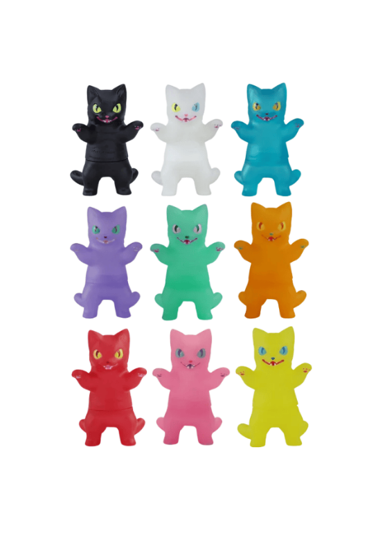 Nine Negora Color Pallette figurines by Konatsuya (JP)—each a unique color: black, white, blue, purple, green, orange, red, pink, and yellow—are arranged in three rows against a white background.