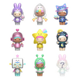 Grid of nine Momiji Out of This World Message Dolls Blind Box figures by Rotofugi—whimsical costumes featuring animals, stars, robots, and space themes; each radiates intergalactic charm. Bottom right figure is partially faded.
