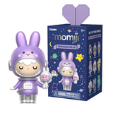 The Rotofugi Momiji Out of This World Message Dolls Blind Box features a purple bunny astronaut doll with intergalactic charm, displayed next to its vibrant, space-themed box adorned with collectible galactic doll illustrations.