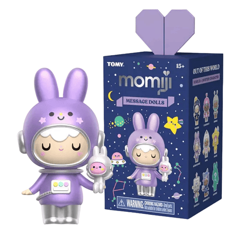 The Rotofugi Momiji Out of This World Message Dolls Blind Box features a purple bunny astronaut doll with intergalactic charm, displayed next to its vibrant, space-themed box adorned with collectible galactic doll illustrations.