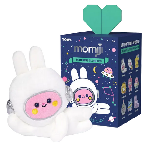 The Momiji Out of This World Plush Blind Box by Momiji features a white astronaut bunny plush with a pink face, presented in a vibrant space-themed box—a perfect collectible for galactic plushie and cuddly toy fans.