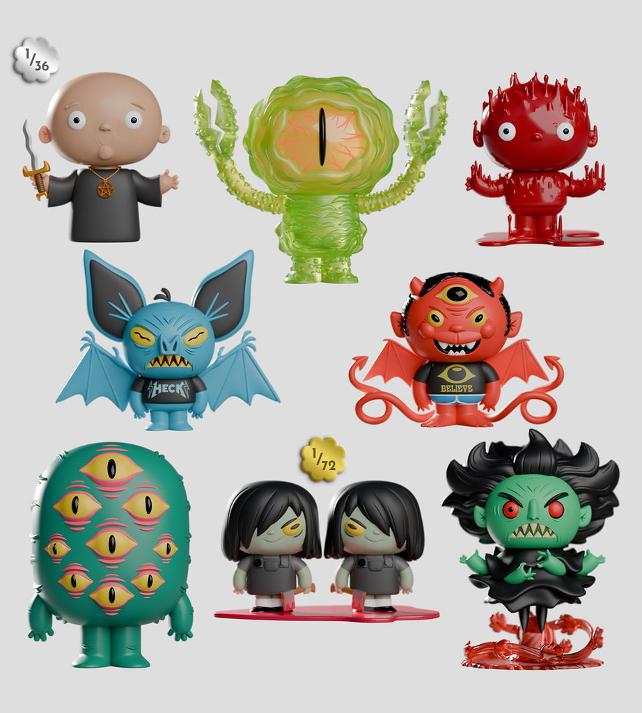 Seven vibrant Kaleidos Creative Odds N Sods Blind Box fantasy figures, featuring multieyed, winged, and horned monsters, are displayed on a gray background. Shown rarity indicators for these collectibles: 1/36 and 1/72.