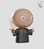 A 3D cartoon figure with a bald head, black robe, gold pentagram necklace, and wavy sword. Marked