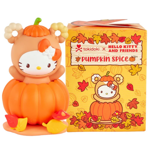 A Tokidoki x Hello Kitty and Friends Pupkin Spice figure sits next to a matching blind box adorned with autumn leaves and “pumpkin spice” text. This adorable collectible from tokidoki is perfect for Sanrio fans and anyone who loves festive fall fun.