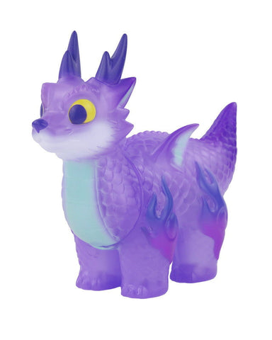 Ryudora- Hydrangea by Rotofugi is a small purple dragon figurine with yellow eyes, blue chest accents, and black-tipped horns, standing on all fours against a white background.