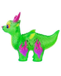 The Rotofugi Ryudora-Tropical is a green, translucent dragon figure with purple horns, yellow eyes, and purple flame-like leg designs—a must-have collectible for any fan.