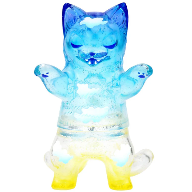 The Negora- Sky View Daylight by Konatsuya is a translucent blue and yellow cat figurine with arms raised, eyes closed, fangs, and paw prints—an adorable collectible perfect for adding summer cheer to your collection.