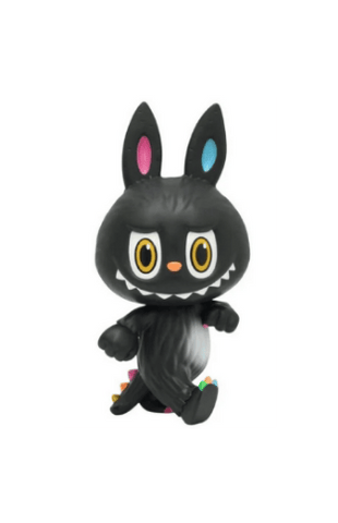 The ST Zimomo Black and Neon by How2Work (HK) is a black cartoon-style collectible figure featuring large yellow eyes, pointy rabbit ears, sharp teeth, and vibrant neon spikes on its back and tail.