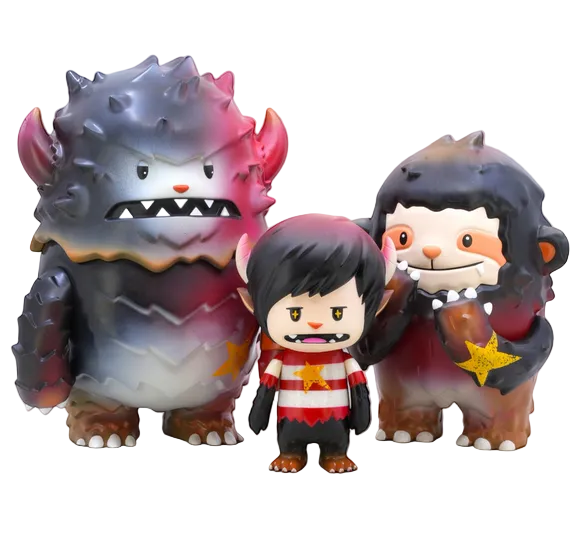 Three vinyl monster figures by Rotofugi stand together, each with bold colors, horns, fangs, and star designs from Nick- Starbeast Adventure—ideal for fans of striking characters and Shon Chen’s playful style.