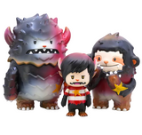 Three vinyl monster figures by Rotofugi stand together, each with bold colors, horns, fangs, and star designs from Nick- Starbeast Adventure—ideal for fans of striking characters and Shon Chen’s playful style.