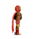 Side view of Kaleidos Creative's limited edition Super Macho — Luchador collectible, featuring a red helmet, cape, and boots with yellow stars, superhero design, muscular arms, and brown skin inspired by Lucha Libre.