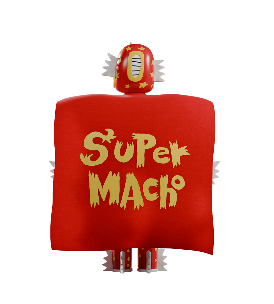 The Super Macho — Luchador by Kaleidos Creative is a limited artist series figure, featuring a red mask with yellow stars, silver spikes, and a bold red cape printed with