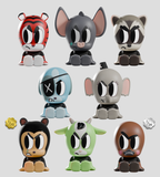 Eight adorable animal figurines with big eyes, each with unique features and expressions, are arranged in two rows. They’re part of Kaleidos Creative’s Tiny Shiny Hineys: Badasses Blind Box collectible series.