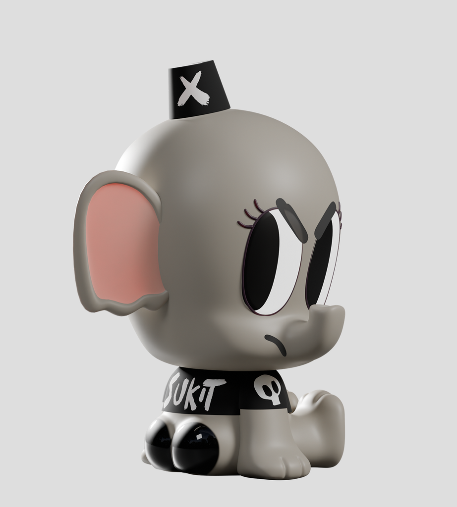 A gray cartoon elephant figurine from the Kaleidos Creative Tiny Shiny Hineys: Badasses Blind Box sports a black hat, angry look, and