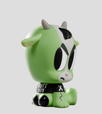 A green cartoon-style cow figurine from Kaleidos Creative's Tiny Shiny Hineys: Badasses Blind Box, featuring black and white markings and a