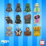 Twelve Toho Fun! Fun! Godzilla Mini Blind Box stylized, collectible kaiju toy mini figures arranged in a grid against a blue striped background.