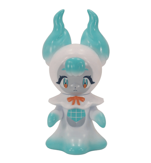 Tomyo by Fewmany (JP) is a small, teal and white stylized ghost girl figurine with large horn-like ears, a sad expression, and an orange neck bow—perfect for home decor or adding charm to any haunted house.