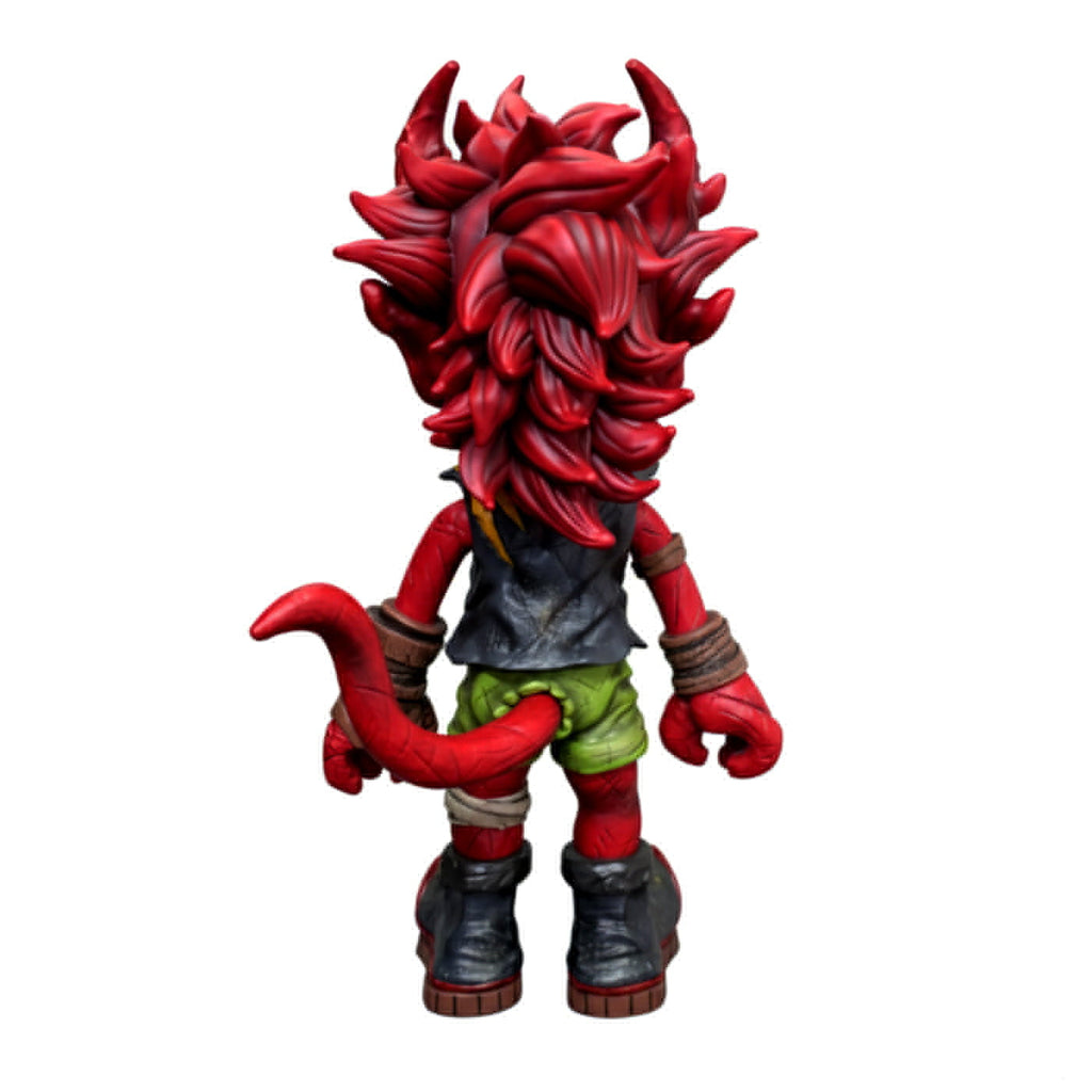 Back view of The Devil Warrior by AGCMT Creation Corp, featuring spiky hair, tail, green shorts, black vest, and boots—ideal for mini comic fans or art trading card collectors. Stands out on a white background.