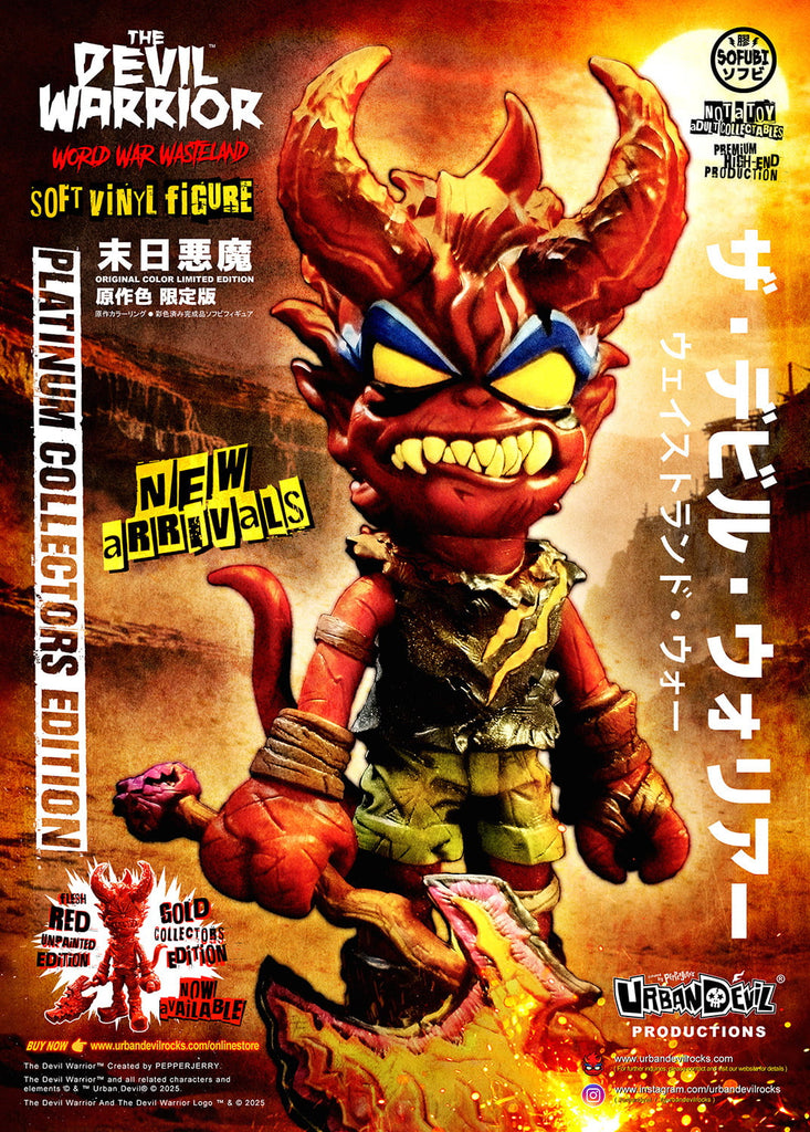 The colorful poster features The Devil Warrior toy by AGCMT Creation Corp, showing a red figure with horns, sunglasses, and weapon, plus English/Japanese text, logos, and a collectible mini comic trading card.