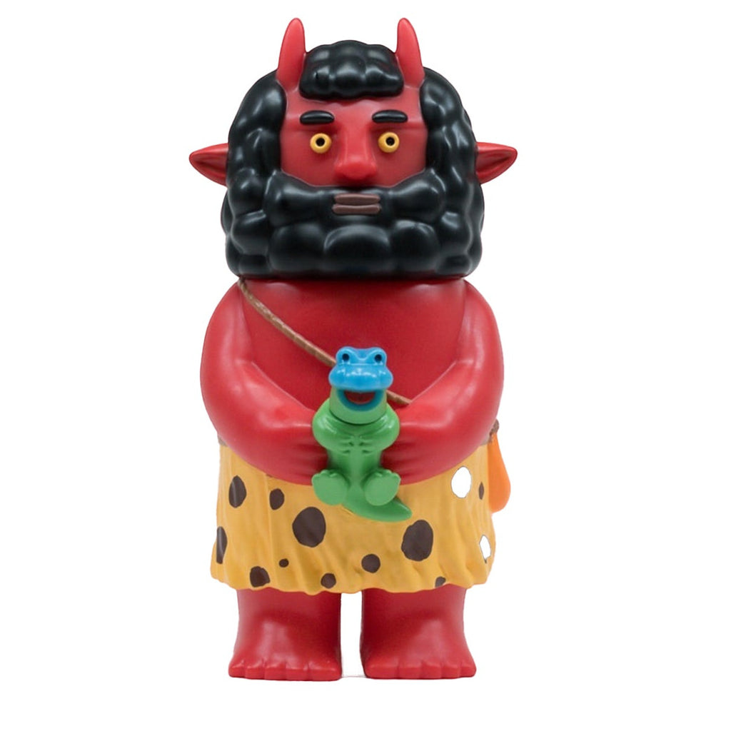 Genchan by The Little Hut is a red, cartoon devil vinyl toy with horns, a black beard, and a spotted skirt, holding a small green toy with a blue face.
