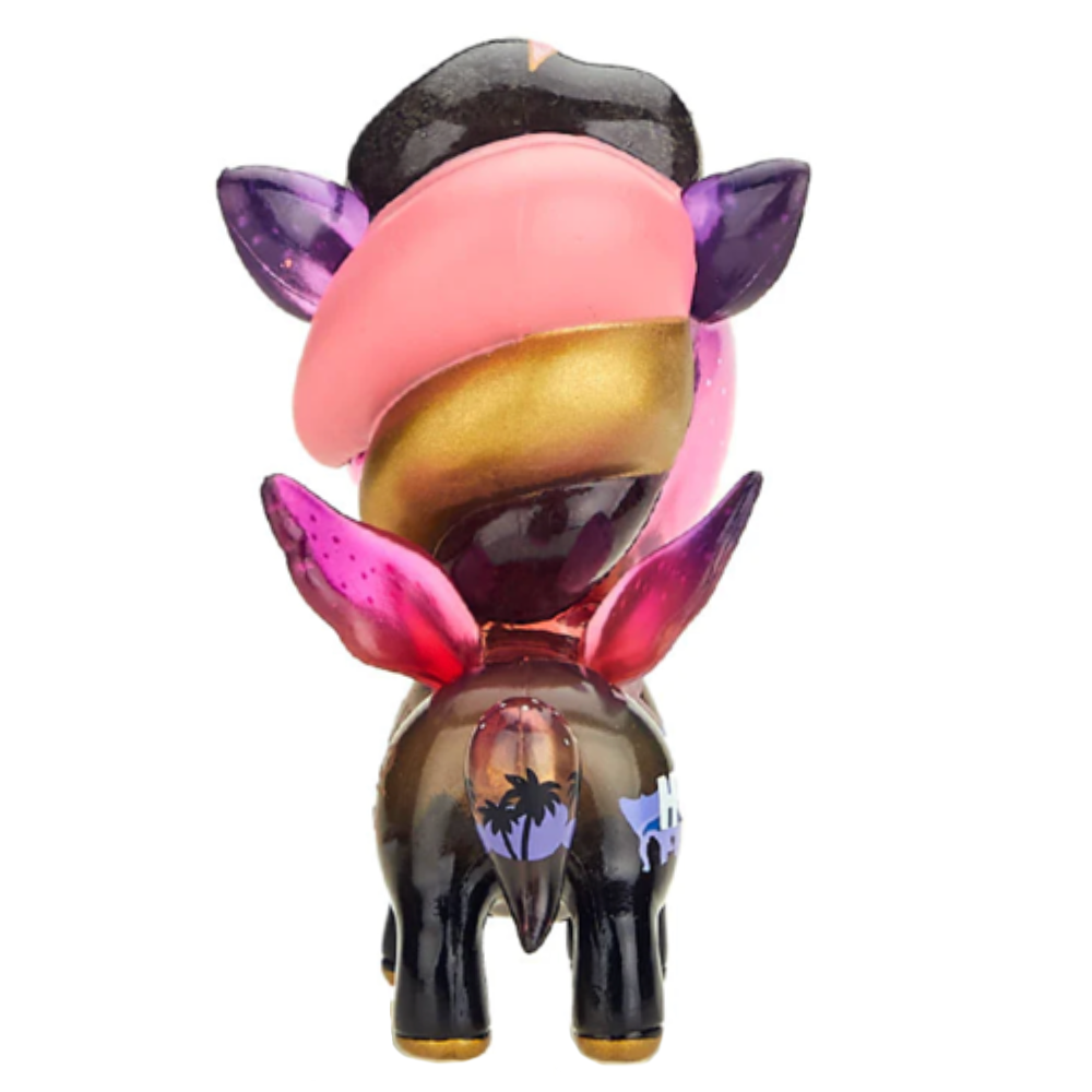 A glamorous glass figurine of a Hollywood 100 x Tokidoki x ONCH Starstruck Unicorno with pink and purple wings by tokidoki (IT).