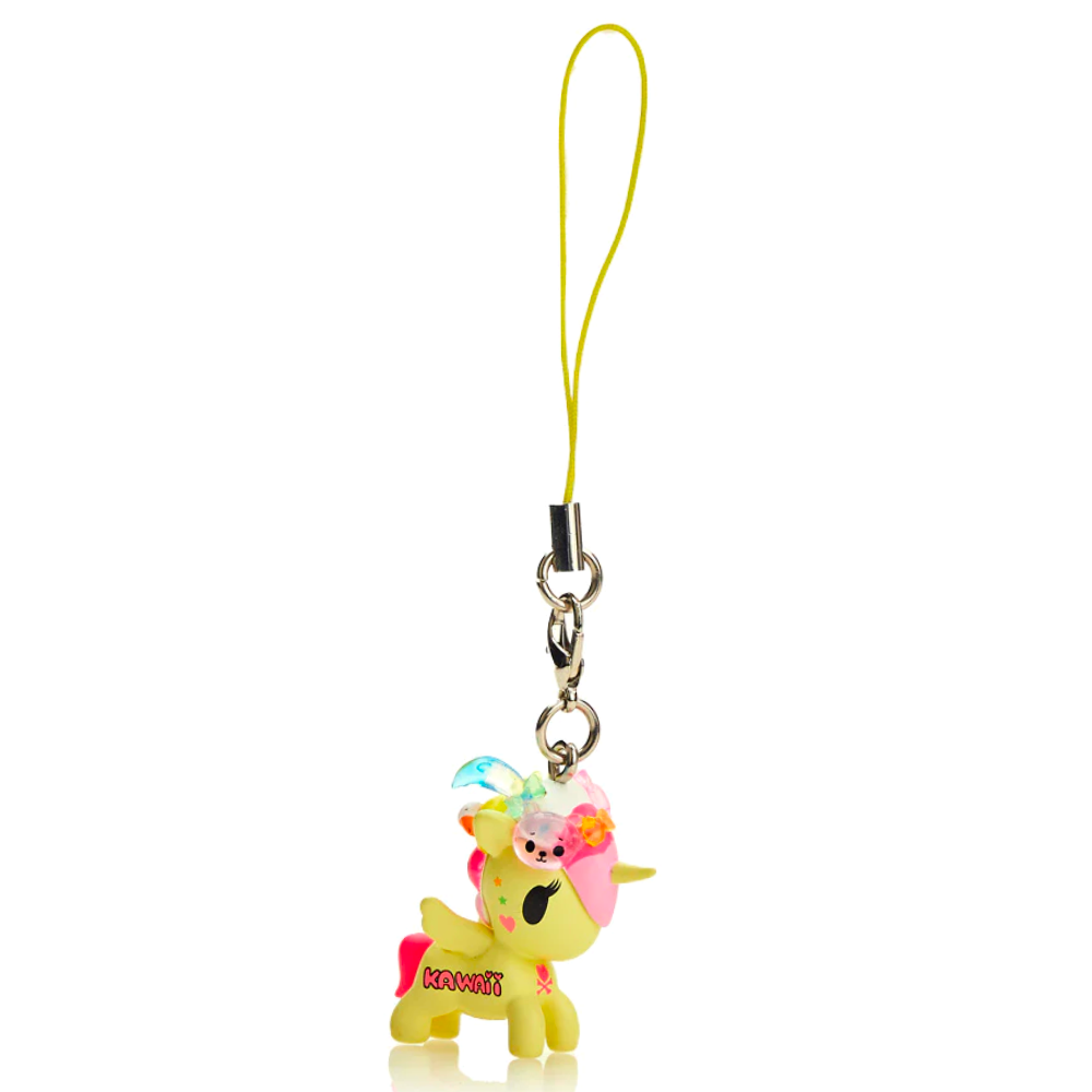 A little Unicorno with a yellow horn hanging from a chain is featured in this tokidoki Blind Box.