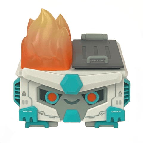 The Mecha Dumpster Fire DF-79 by 100% Soft is a toy robot box with orange flames, blue-gray details, and a "Caution" sliding lid—ideal for Gundam fans who enjoy magnetic detachable features.