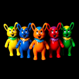A group of colorful toy rabbits, inspired by the Grateful Dead, standing in front of a black background. 
Product: fairycookies - Punk Drunkers Grateful Mappo Blind Box