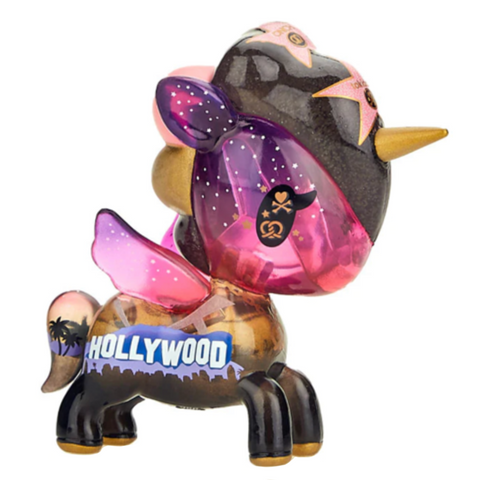 A glamourous unicorn figurine adorned with the word Hollywood from the tokidoki (IT) 100 x Tokidoki x ONCH Starstruck Unicorno.