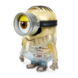 The Kidrobot (US) Minions Rise of Gru Goggle & Bones Anatomy Figure is a translucent art toy featuring a Minion with visible bones, organs, one large eye, and classic blue overalls—perfect for collectors.