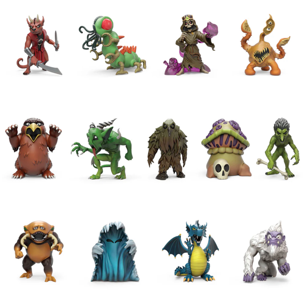 Collection of twelve blind boxed vinyl figures featuring illustrated fantasy creatures, varying in color and form, including dragons, monsters, and humanoid figures from the Dungeons & Dragons - Monster Series 2 Blind Box by Kidrobot (US).