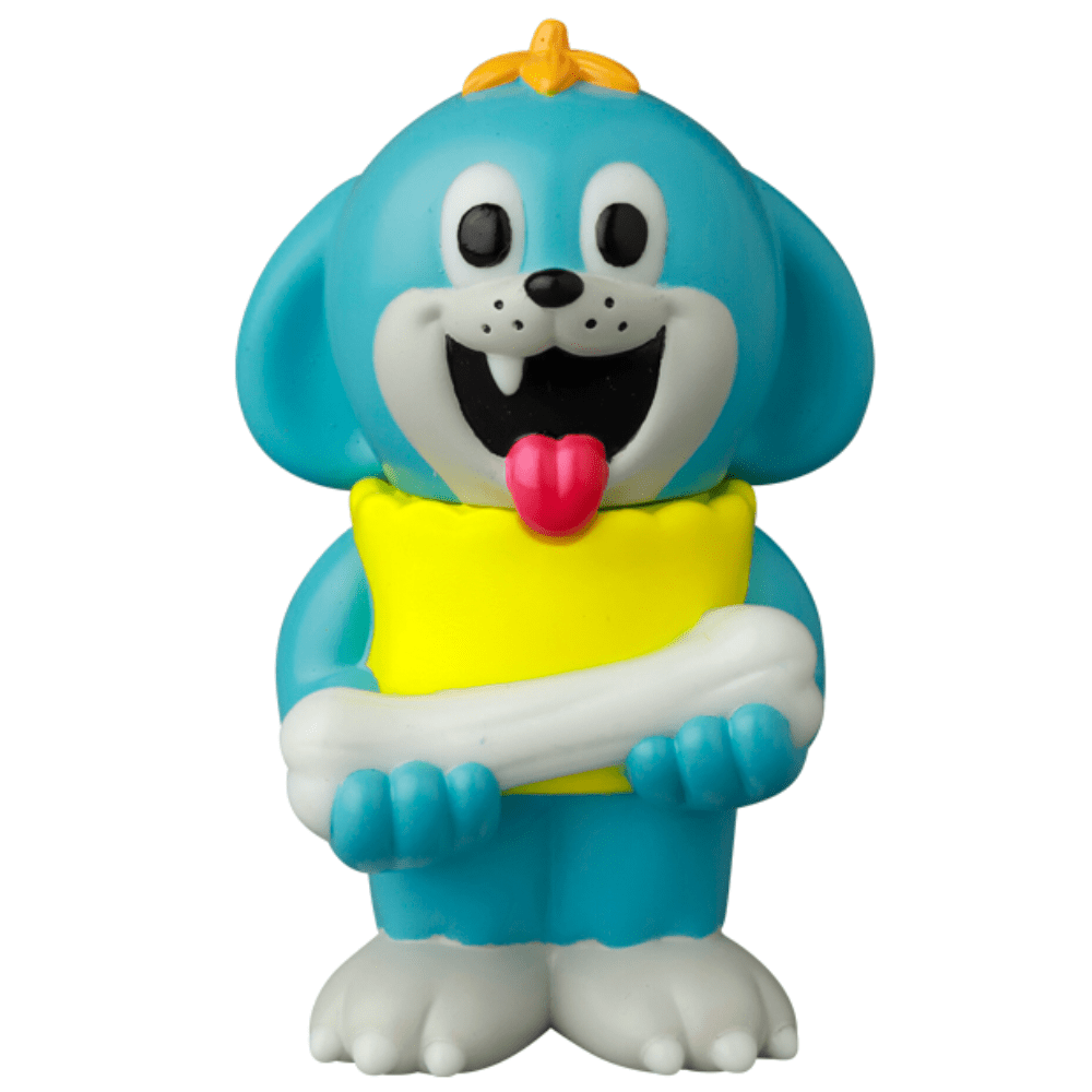 VAG 43 — Uluru by Medicom (JP) is a blue cartoon dog figurine with a yellow shirt and orange hat, holding a white bone and smiling with its tongue out—ideal for Japanese vinyl toy or Vinyl Artist Gacha collectors.