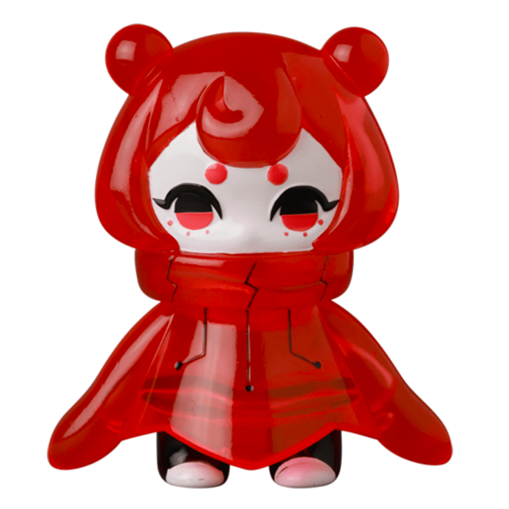 The VAG 10th Anniversary — Denshikodako by Medicom (JP) is a red and white vinyl figure with bear-like ears, black eyes, pink face spots, and a hooded cloak—an adorable showcase of Japanese vinyl toy design.