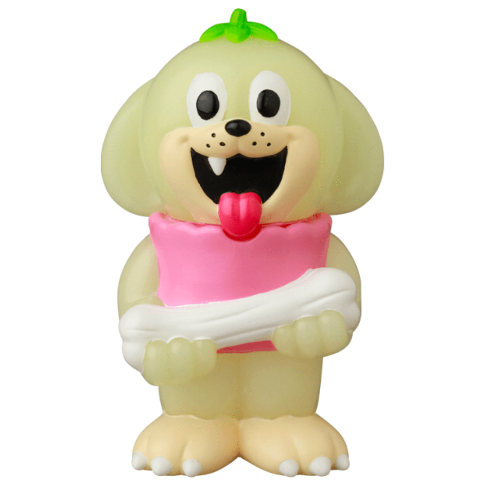 The VAG 43 — Uluru by Medicom (JP) is a playful, light-colored dog figurine in Japanese vinyl toy style, featuring a green tuft, pink collar, big white bone, and cheerful smile—perfect for any Vinyl Artist Gacha collection.