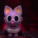 The Partner Toys Villain Baby - Blind Box features a purple cartoon bat figurine with big ears, a pacifier, red bow tie, and diaper against a dark red background—one of many adorable surprises you could unbox.